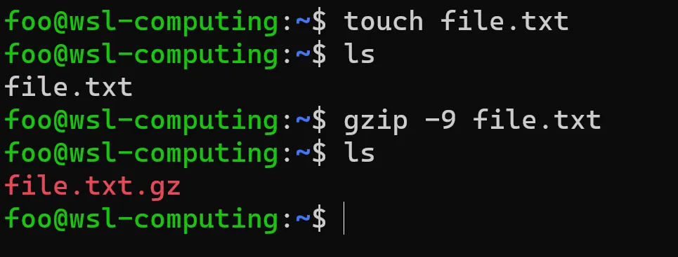 gzip コマンドの実行結果のスクリーンショット